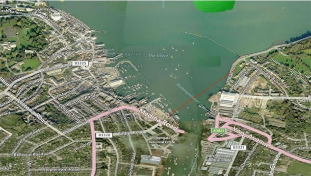 Map showing the drill line across the mouth of the River Medina beneath a busy ferry route