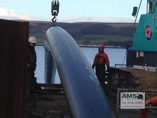 Pipeline positioned on the sea barge during installation